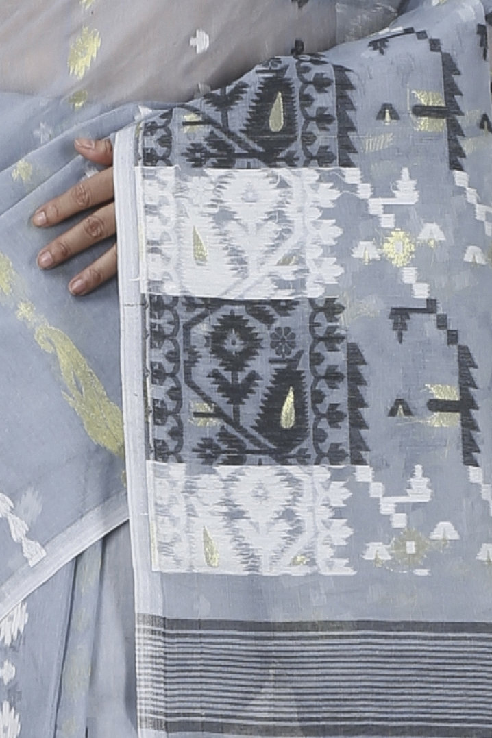 Grey Blended Cotton Jaya Jamdani Saree (1105)